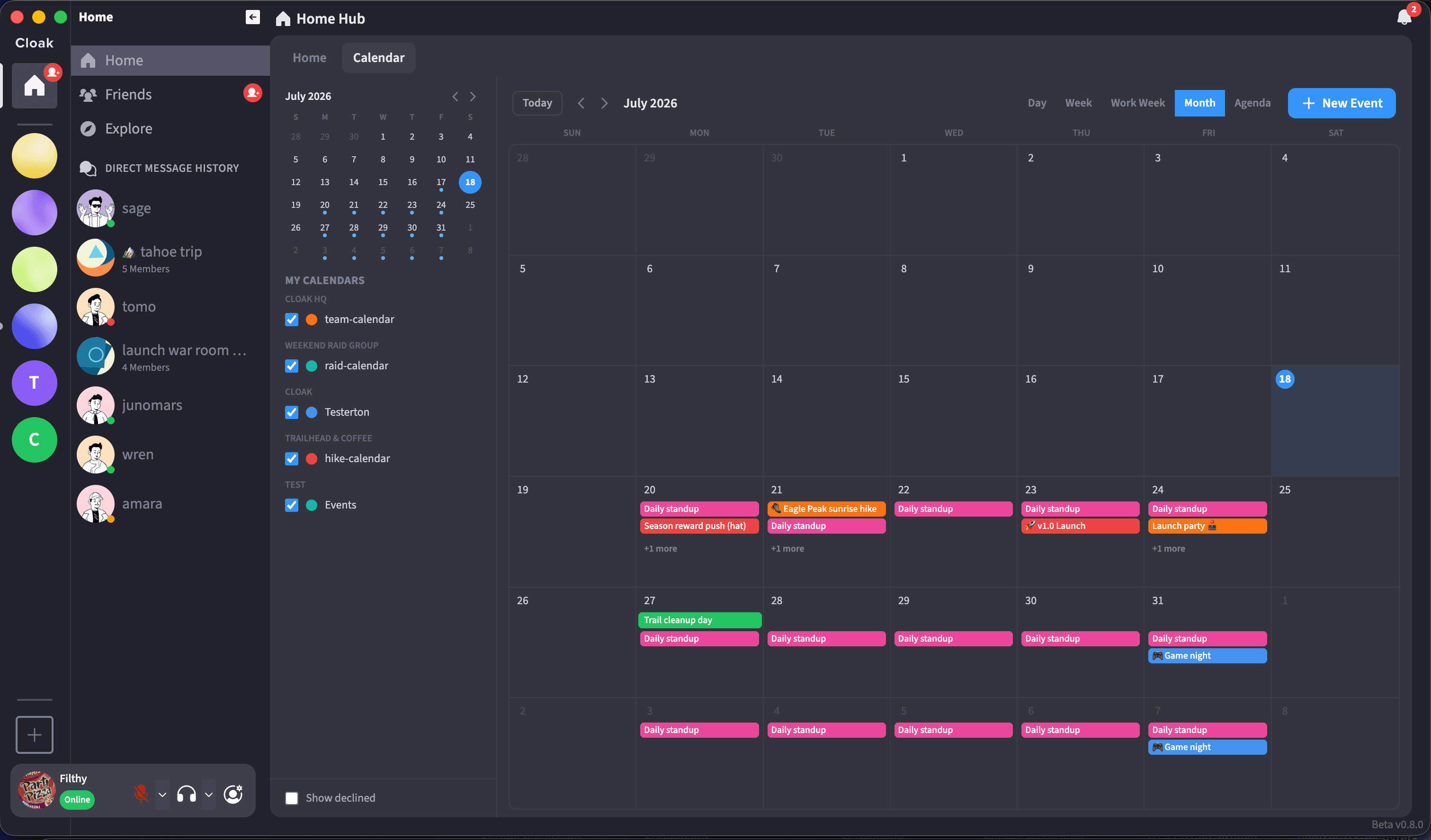 A shared, encrypted calendar inside a Cloak room showing scheduled events