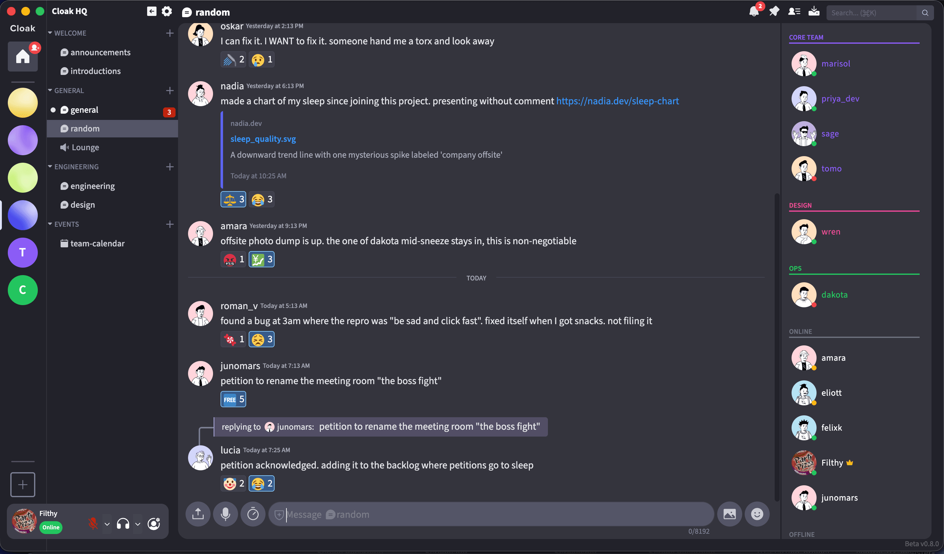 The Cloak desktop app showing encrypted rooms, channels, and a live conversation
